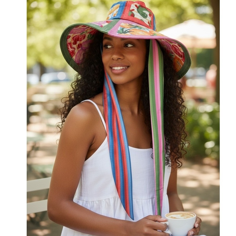 Farm Rio NWOT Sun Hat OS Multicolor Patchwork Fruit Floral Ribbon Tie